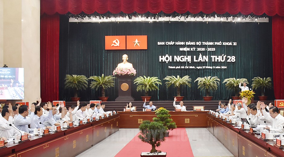 Hội nghị lần thứ 28 Ban Chấp hành Đảng bộ TPHCM khóa XI, nhiệm kỳ 2020 - 2025 - Ảnh: THANHUYTPHCM.VN.